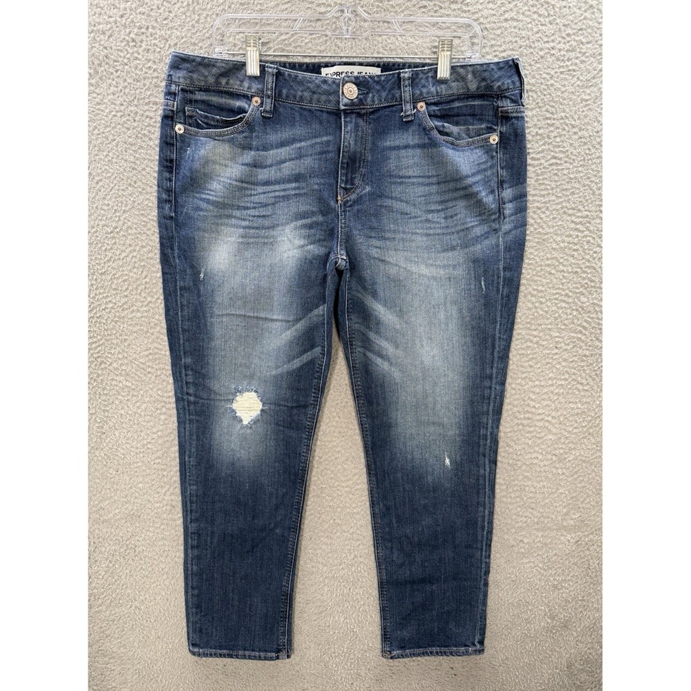 Express Jeans Womens 12 Blue Denim Low Rise Ankle Boyfriend Distressed Whiskered